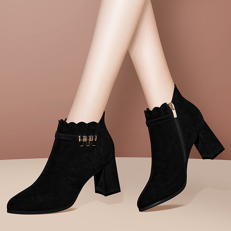 Boots women's short boots 2021 new autumn single boots suede thick heel autumn and winter women's leather shoes high heels