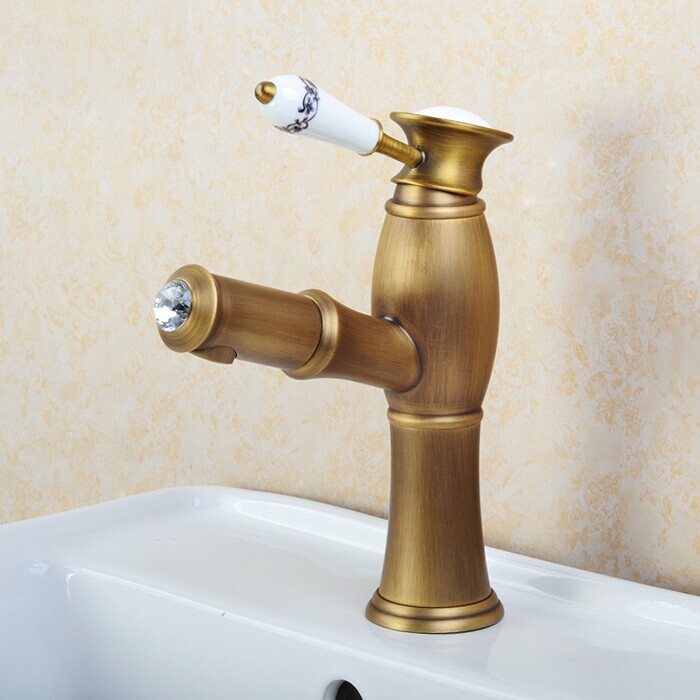 Antique Copper Pull-Out Basin Faucet European Style Washbasin Hair Washing Hot and Cold Faucet Small Showerhead