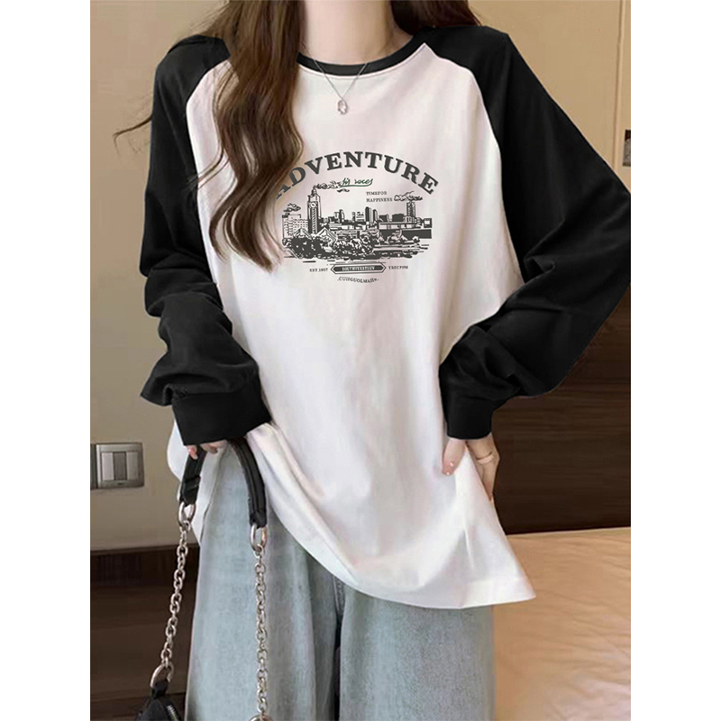 American-Style Color-Blocked Straight-Shoulder Pure Cotton Long-Sleeve T-Shirt for Women, with a Unique Design, Trendy and Versatile Top, Base Layer for Autumn and Winter