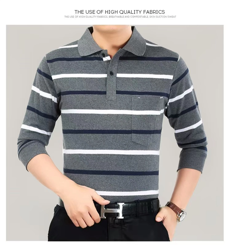 Đàn ông trung niên dài tay mùa hè mỏng phần ve áo T-shirt cotton polo áo sơ mi trung niên lỏng lẻo sọc nam tay áo ngắn áo phông nam có cổ