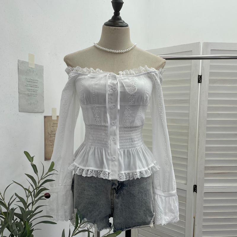 One-Shoulder Lace Patchwork Tie-Up Embroidered Button-Down Long-Sleeve Shirt, Elasticated Short Off-Shoulder Top