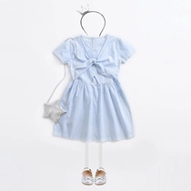 Cotton female treasure cross strap openwork striped short-sleeved dress V-neck careful machine medium-long A-word skirt childrens skirt