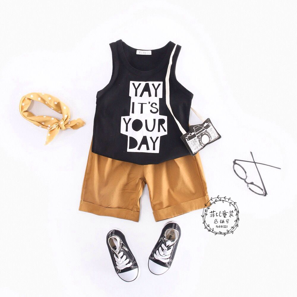 Children's Cotton Cartoon Print Sleeveless Tank Top T-Shirt Lace-up Shorts Two-piece Suit Boys and Girls Casual Suits