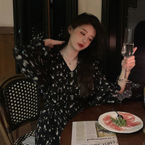Spring 2022 new cold wind womens high-end tea break French floral chiffon dress small black dress