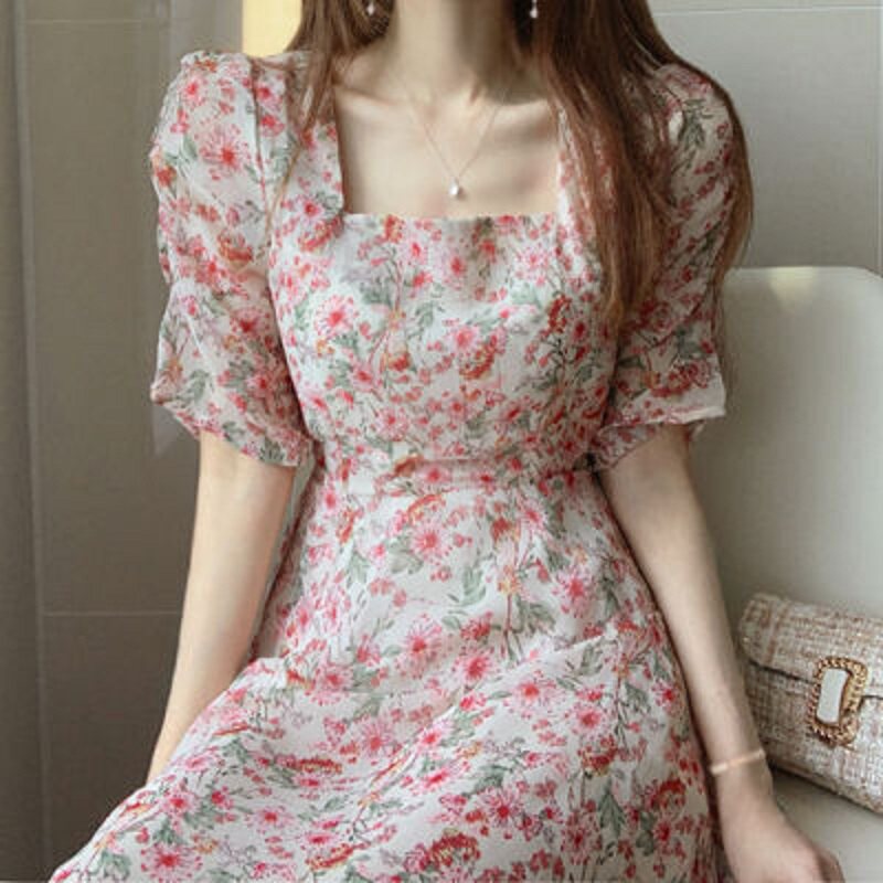 Puff Sleeve Floral Chiffon Dress Women's Tea Break French Retro Skirt Design Small Square Neck Long Skirt Summer