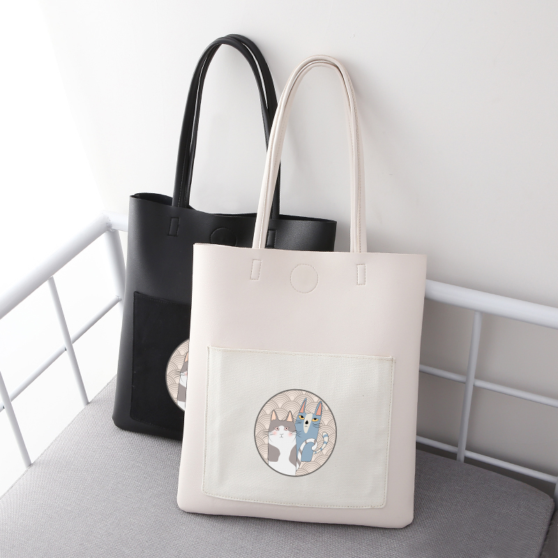 Small cat printed big bag 2021 new girl campus single shoulder bag PU soft leather special bag ins handbag female