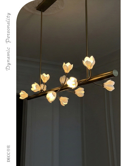 French-Style All-Copper Creative Magnolia Flower Restaurant Chandelier, American Retro Cream-Style Cozy All-Copper Lighting for Dining Room