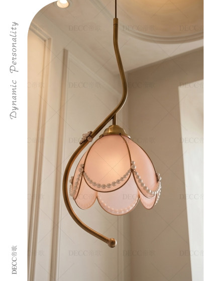 French-Style Vintage Creative Floral Bedside Pendant Light with Iron Art Pink Resin Lampshade and Pearl Bedside Balcony Small Pendant Light