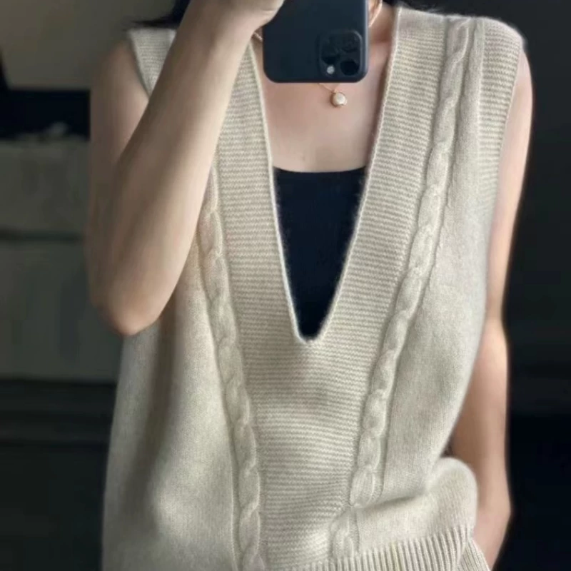 Woolen sweater, knitted cashmere velvet vest sleevless, plus size