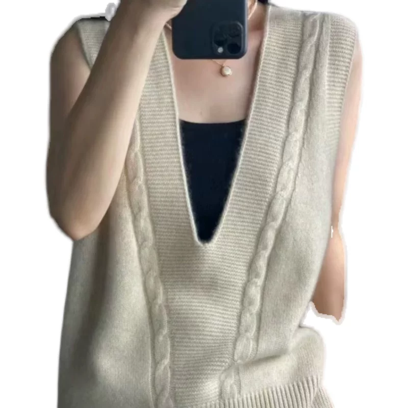 Woolen sweater, knitted cashmere velvet vest sleevless, plus size