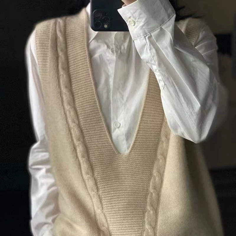 Woolen sweater, knitted cashmere velvet vest sleevless, plus size