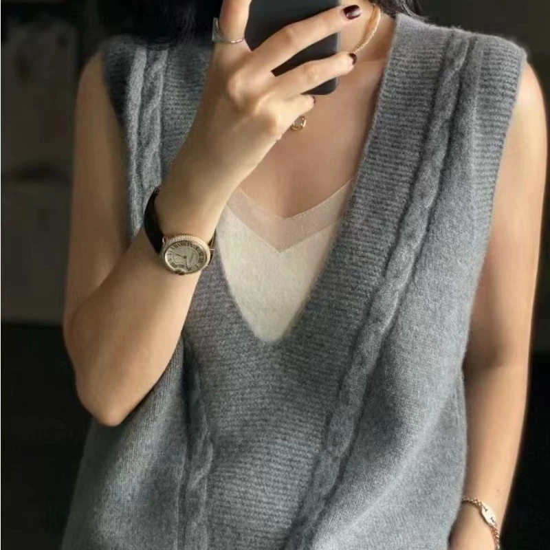 Woolen sweater, knitted cashmere velvet vest sleevless, plus size