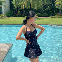 Swimsuit female Korean steel support small chest gathering wave points Conservative belly thin skirt type one-piece hot spring swimsuit