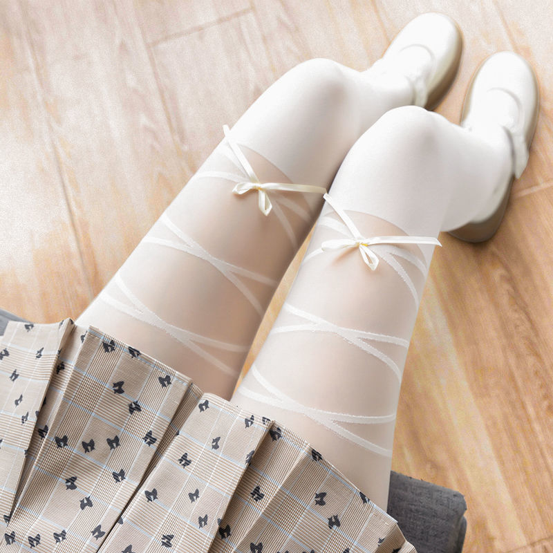 Spring and Summer Thin Jk White Silk Women's Japanese Sweet Lolita Milky White Pantyhose with Black Fake Thigh Socks