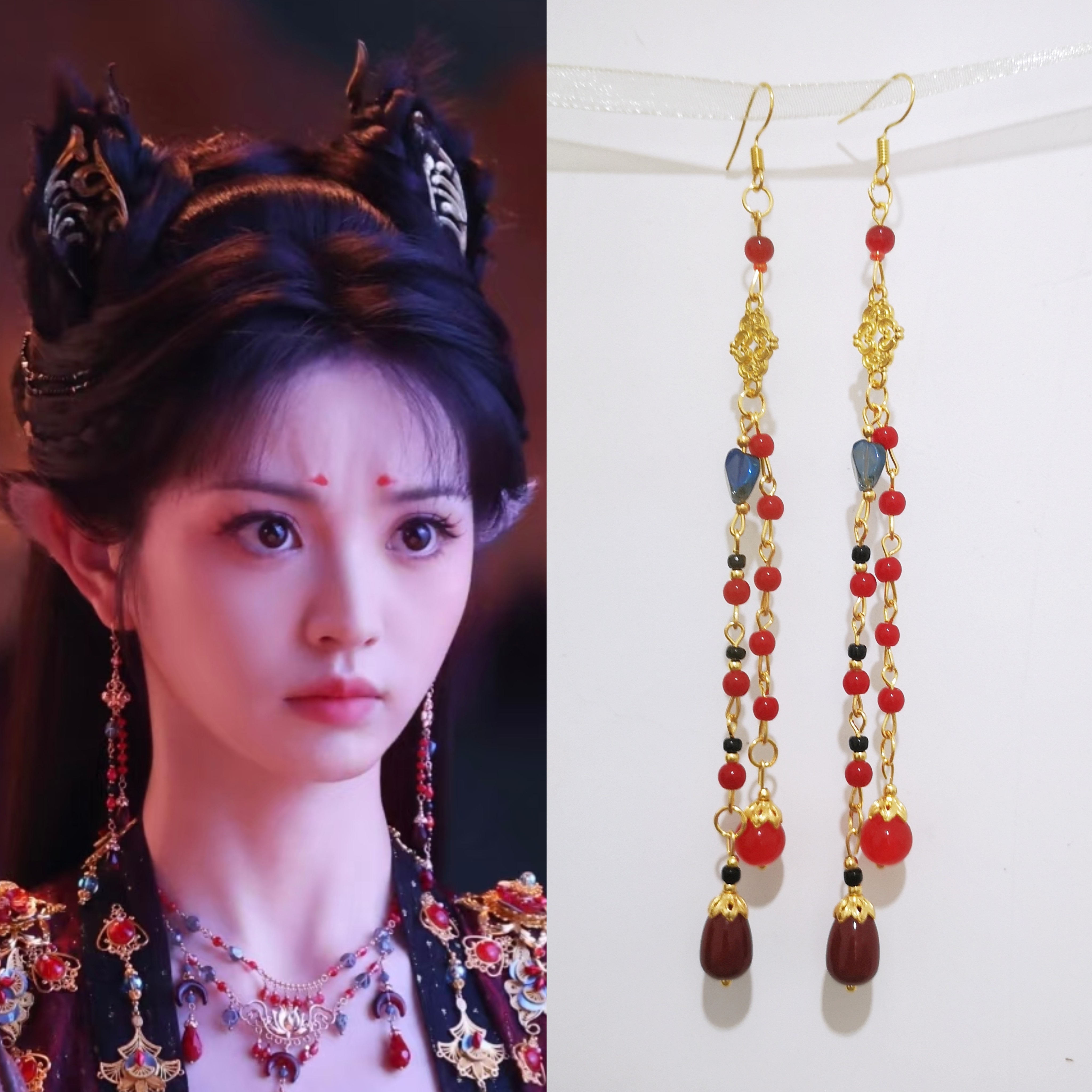 Античная аксессуары 子夜归田曦薇同款暗黑猫系月牙项链红色流苏耳环首饰戒指