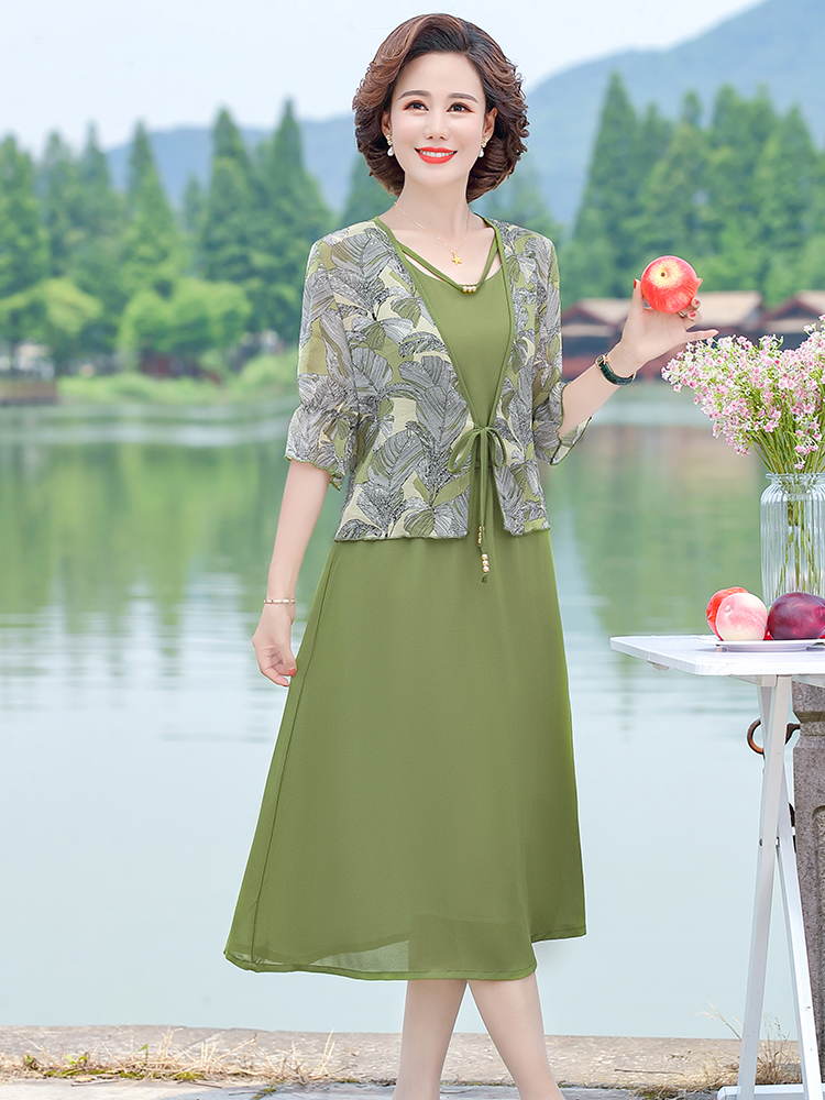 Middle-aged mother summer dress two-piece suit 45-year-old middle-aged women's dress Western style noble Chiffon age-reducing skirt