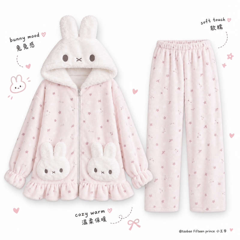 Vintage Sweet Girl Miffy Rabbit Pajamas for Women, Autumn and Winter Coral Fleece Cartoon Fluffy Warm Hooded Coat Loungewear