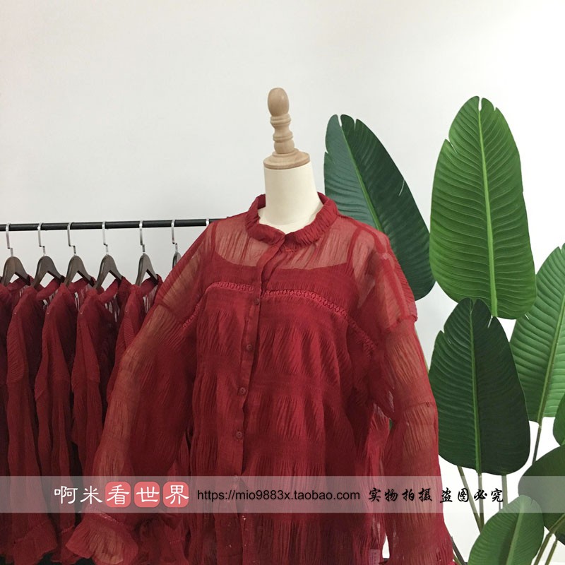 Zhang Jingyi Mùa thu mới phiên bản Hàn Quốc của cổ áo sơ mi dài tay nữ ren khâu áo sơ mi voan lỏng sơ mi đen nữ