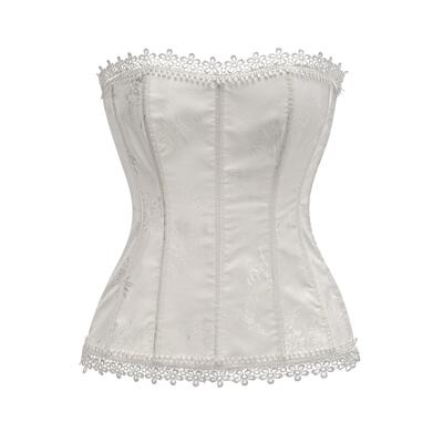 A strapless wedding corset with tassels, a corset with a waist, and a button-up for the body. The corset is white