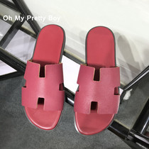 Slippers men wear drag leather red 2022 new summer cowhide men's slippers outdoor tide ins