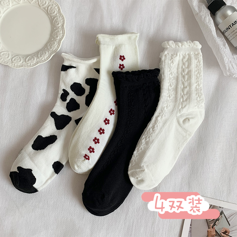 4 Double Loaded Spring Summer Little Fresh Sweet And Cute Teenage Bubble Socks Dairy Cows Printed Comfort And Soft Midcylinder Socks
