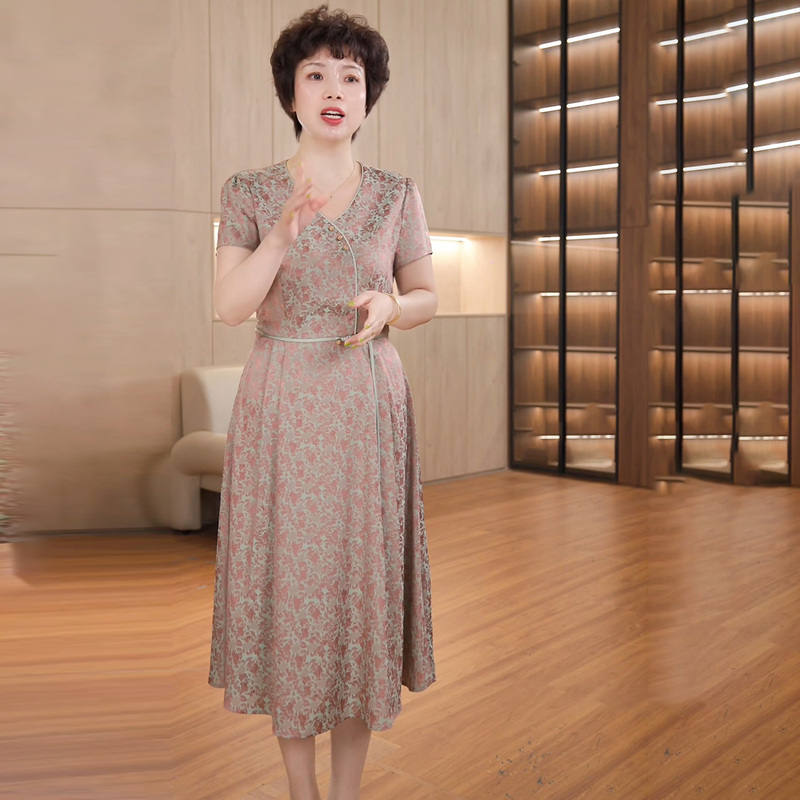 New Stylish Mid-Length Dress for Moms, Summer Middle-Aged Dress, Fashionable Slimming Long Dress Ry24A70