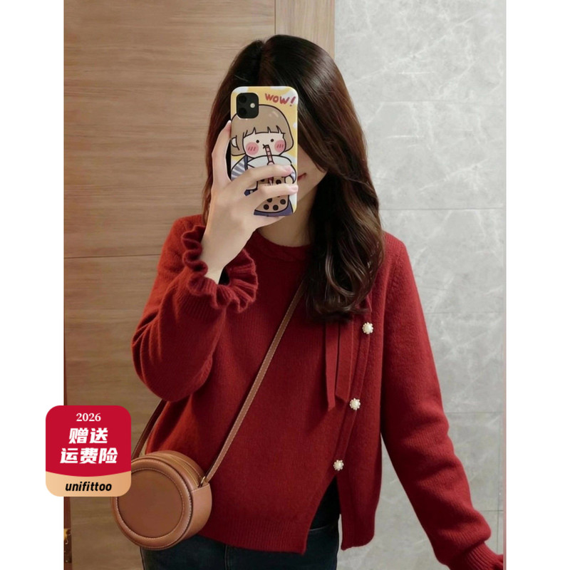 Red Round-Neck Sweater Jacket for Women, Spring and Autumn 2026 New Style, New Chinese Style, Irregular Inner Knit Top, Short Top