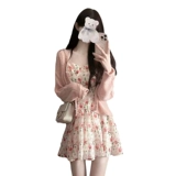 Весеннее платье, комплект, мини-юбка, открытые плечи, в цветочек, подходит для подростков, А-силуэт