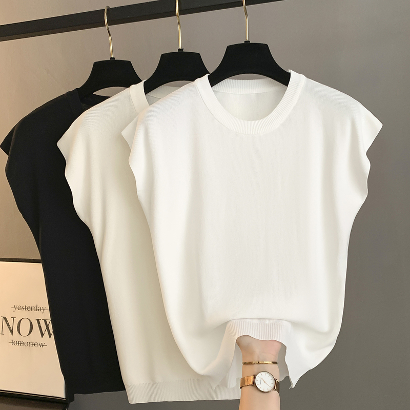 Ice Silk Knitted Short-Sleeve T-Shirt for Women, Summer Thin Loose Round Neck with Small Flutter Sleeves, Versatile Base Layer Top, Plus Size T-Shirt
