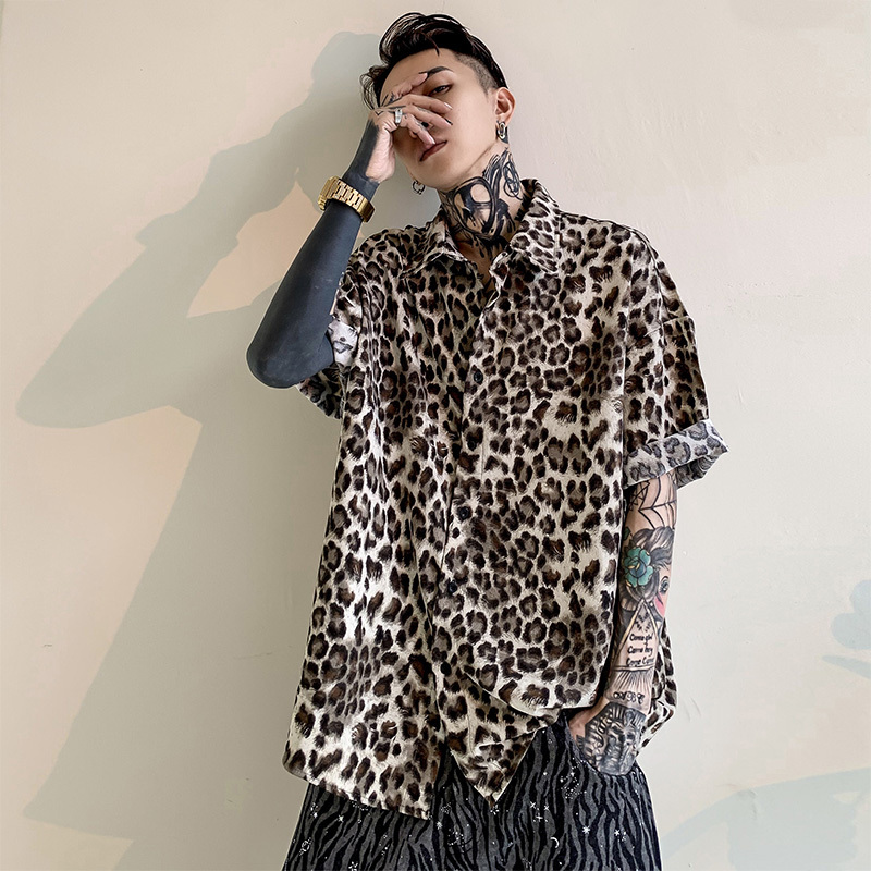 Ve2 Summer No-Iron Leopard Print Short-Sleeved Shirt for Men, Retro Loose Spring and Autumn Long-Sleeved Floral Shirt, Cool Jacket