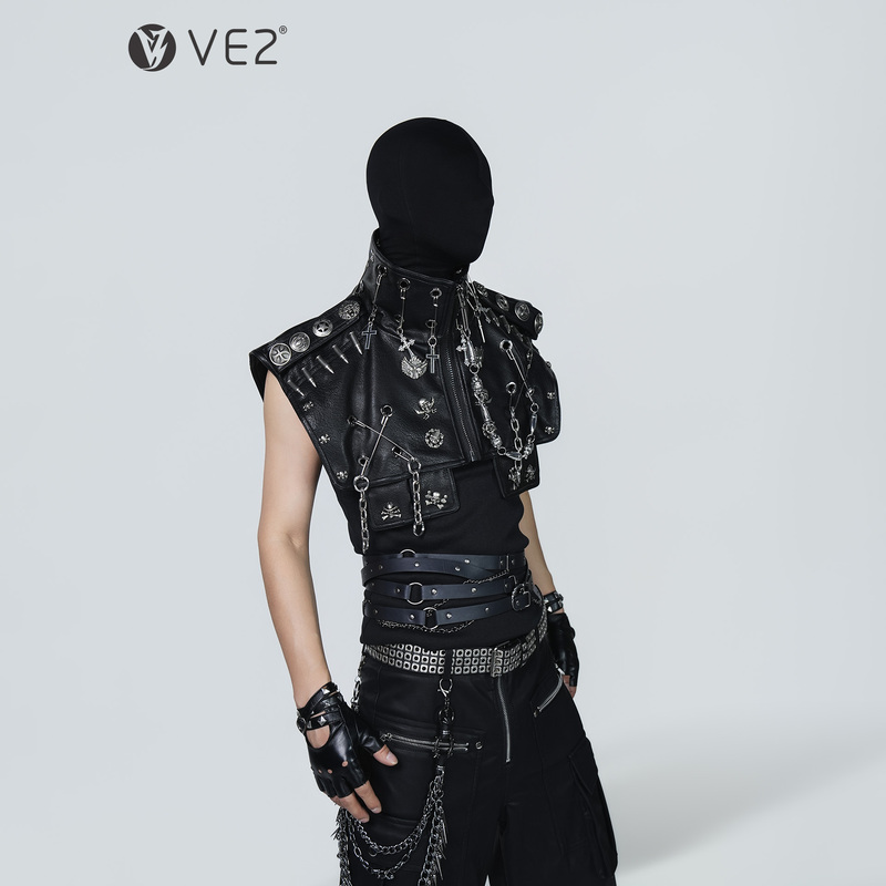 Ve2 Niche Subculture Short Pu Leather Jacket Men's Stage Outfit Heavy Metal Punk Knight Sleeveless Vest