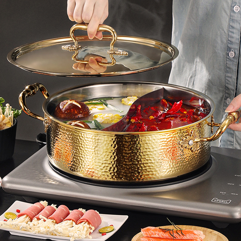 ステンレス厚手鍋三層鋼ヨーロッパ槌目模様鍋澄ましスープ鴛鴦鍋家庭用ガスコンロ電磁調理器ユニバーサル