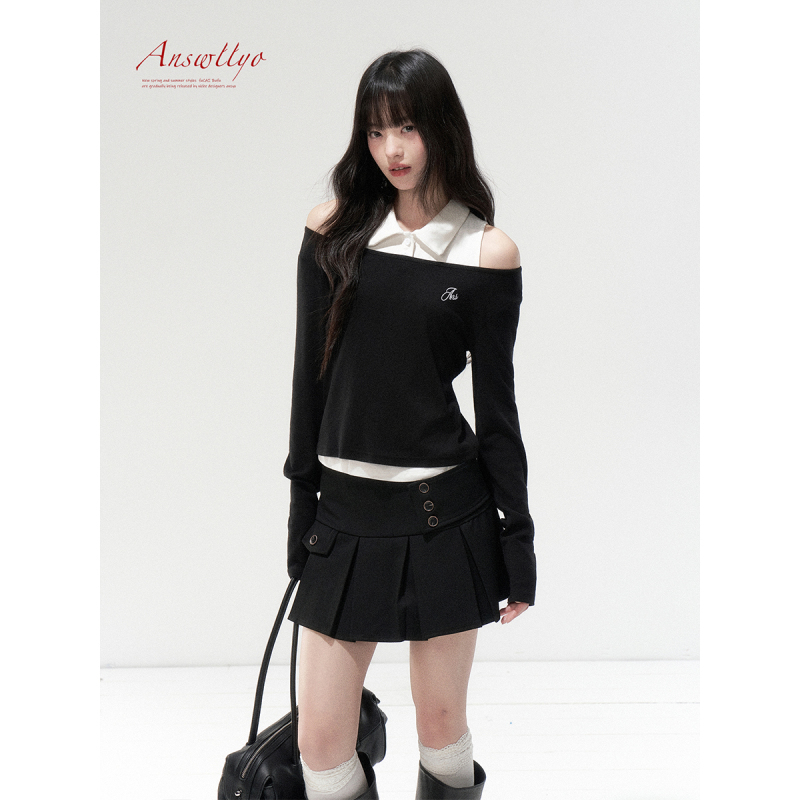 Answllyo Original Preppy Style Versatile Patchwork Two-Piece Set Off-Shoulder Boat Neck Top Autumn Design T-Shirt Answllyo Original Preppy Style Versatile Patchwork Two-Piece Set Off-Shoulder Boat Neck Top Autumn Design T-Shirt