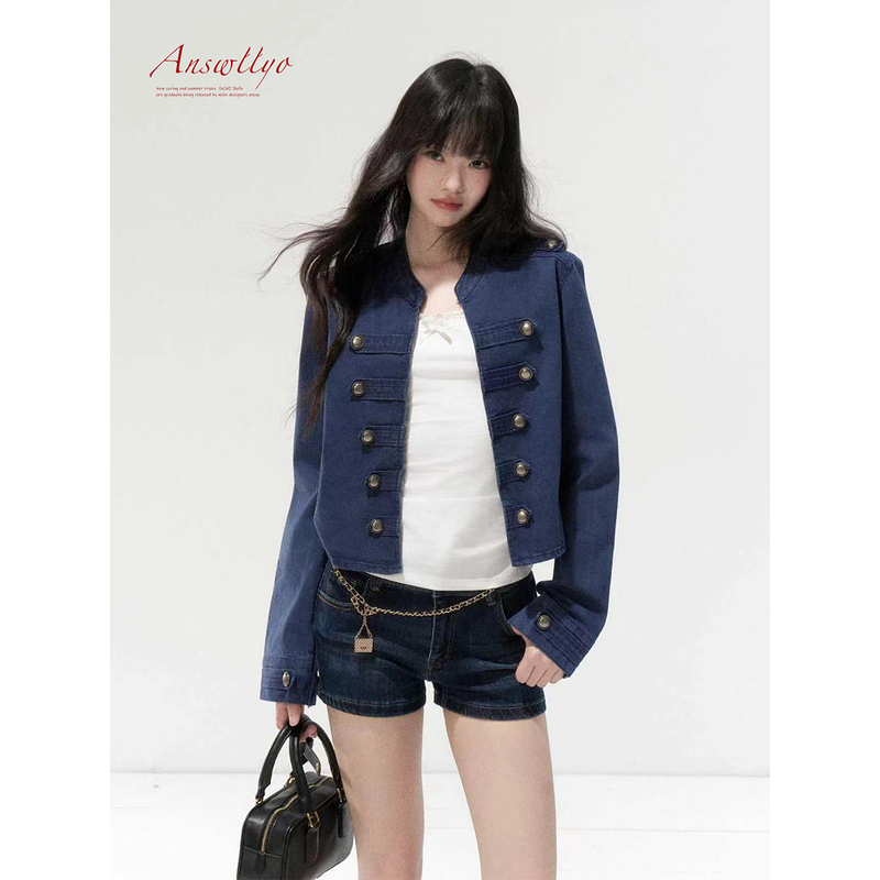 Answllyo Original Napoleon Short Denim Jacket for Women, Autumn Design, Slim Fit, Washed Jacket Top Answllyo Original Napoleon Short Denim Jacket for Women, Autumn Design, Slim Fit, Washed Jacket Top