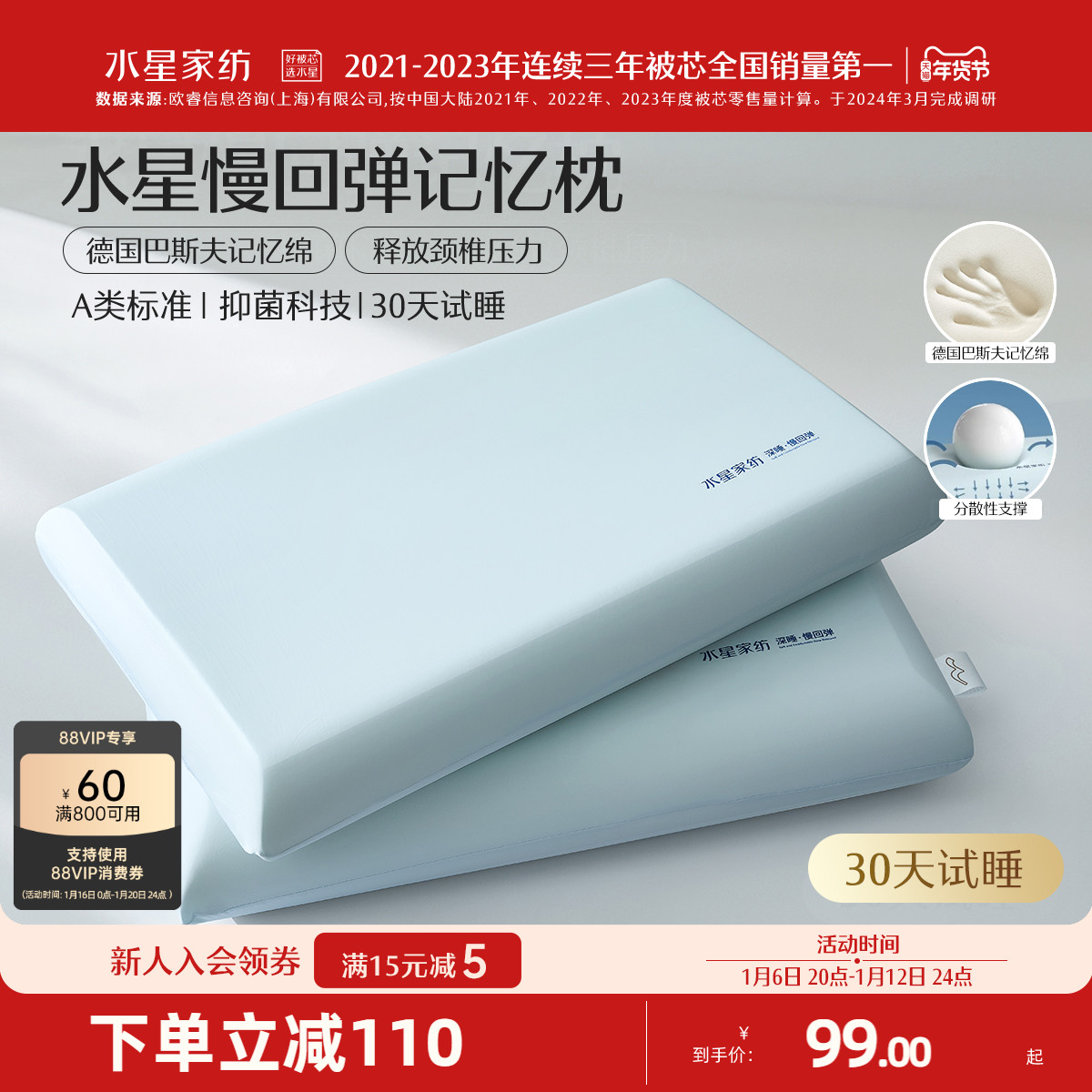 マーキュリーホームテキスタイル低反発枕スローリバウンドディープスリープ枕クラス A 抗菌学生寮ケア頸椎枕コア