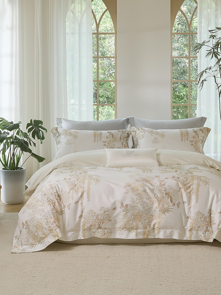 Mercury Home Textiles 120-Count Double-Strand Long-Staple Cotton Four-Piece Set, Class a Light Luxury Satin Set, Printed Duvet Cover, Bed Sheet, Bedding