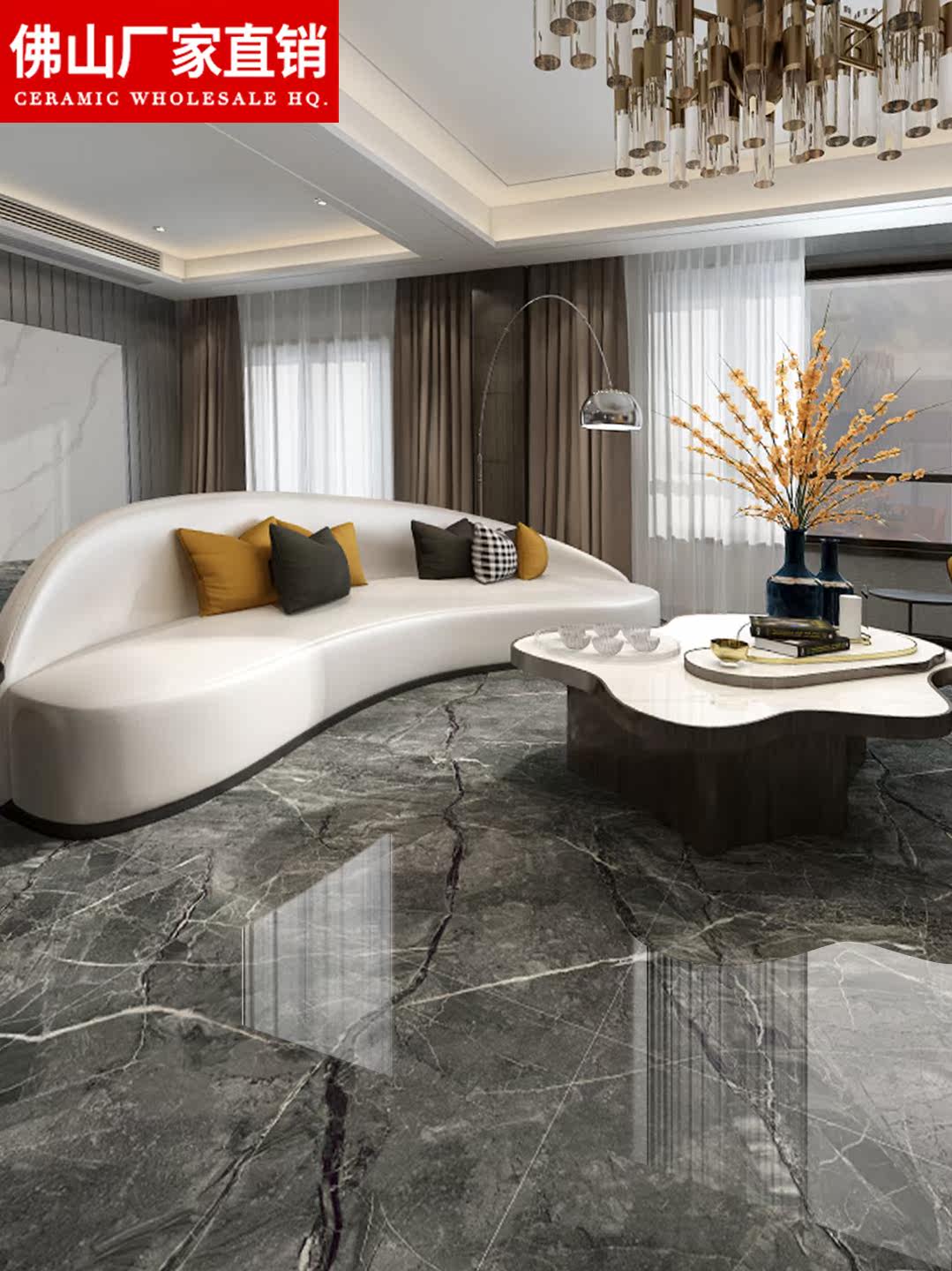 Light luxury living room tile 800x800 whole body marble floor tile 600x1200 powder room dark gray