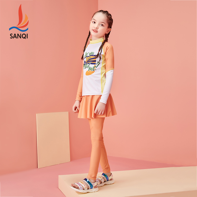 Sanqi children's swimsuit women's summer split girl long-sleeved trousers quick-drying small and large children's one-piece dress swimsuit