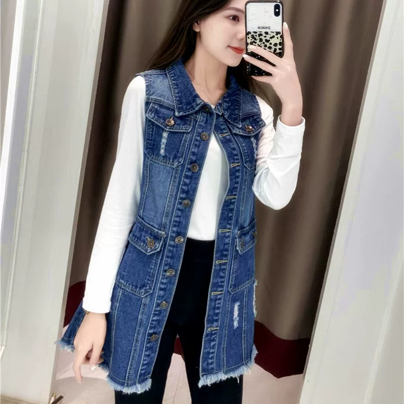 Áo vest denim mới 2022 mùa xuân của phụ nữ phong cách Hàn Quốc rộng rãi mặc và áo khoác mỏng không tay kết hợp tất cả các kích thước lớn giản dị - Áo vest