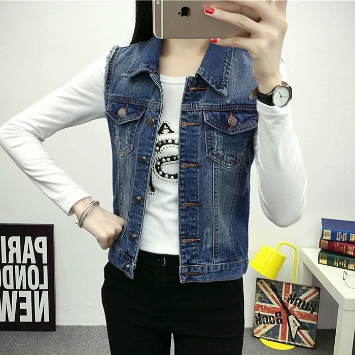 Năm 2021 mùa xuân mới đến quần áo phụ nữ Hàn Quốc tất cả các kết hợp áo vest denim rộng rãi cỡ lớn áo vest thủy triều áo khoác ngắn ghi lê - Áo khoác ngắn