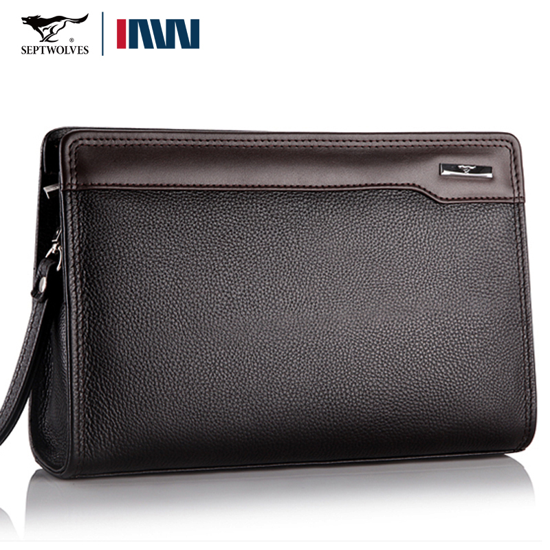 Authentic Seven Wolves Men's Clutch Bag, Genuine First-Layer Cowhide Leather, Full Leather Wristlet Clutch for Middle-Aged and Elderly, Soft