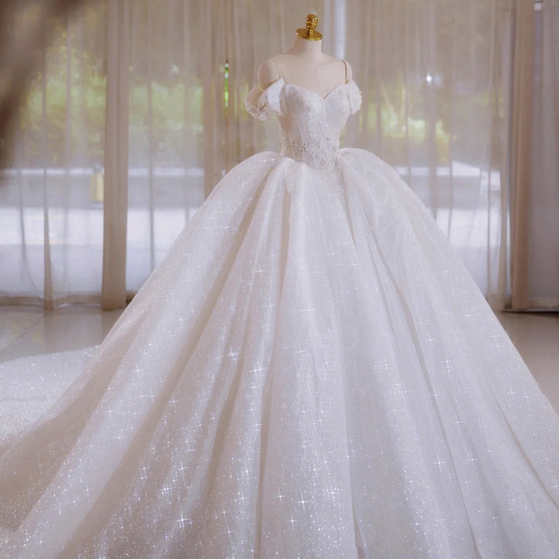 Light main wedding dress 2021 new bride heavy industry high-end luxury word shoulder tail Forest department super fairy dream starry sky woman