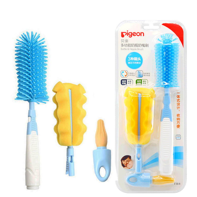 Beiqin bottle brush 3 piece set baby bottle nipple brush sponge nipple brush silicone brush head cleaning brush