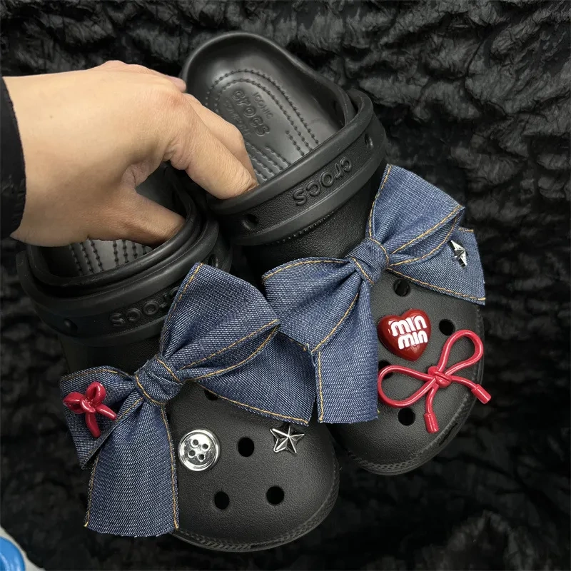 Crocs Shoe Accessories DIY Bow Denim Retro Niche Sweet Cool Decorative Accessories for Women