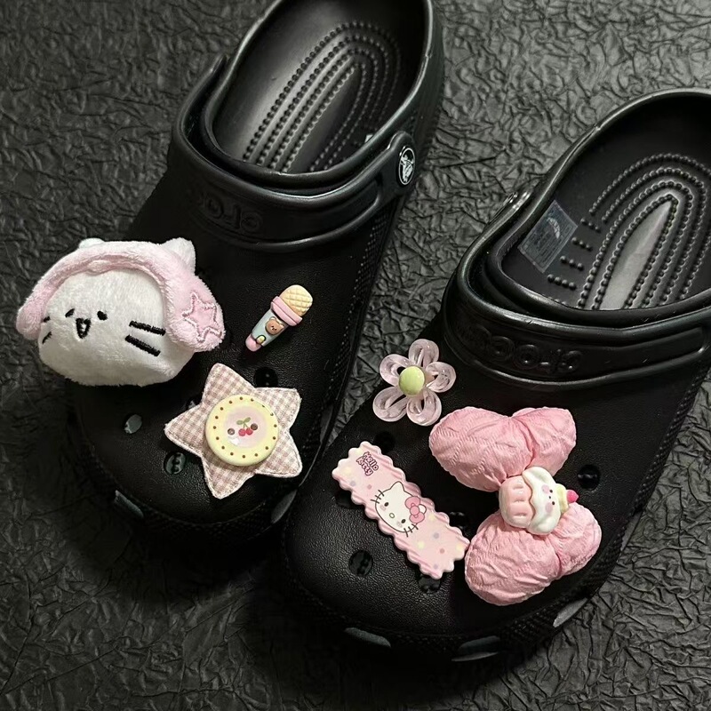 Pink Cute Plush Cat Hole Shoe Charms Bowknot Crocs Shoe Flowers Unique DIY Decoration Accessories