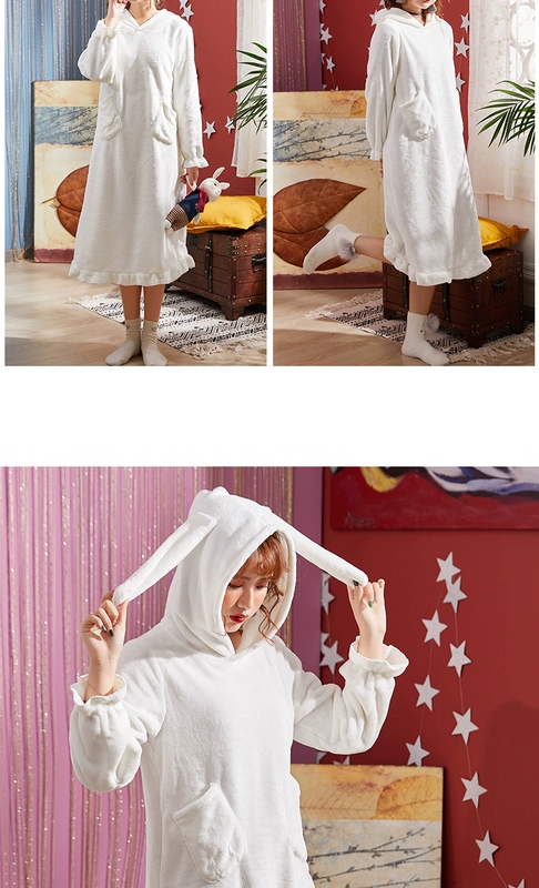 Phiên bản Hàn Quốc của lông cừu san hô váy ngủ nữ mùa đông dễ thương công chúa tai thỏ flannel đồ ngủ dày phim hoạt hình nhà dịch vụ dài