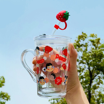 Straw cartoon round water cup glass glass with scale printing Milk Cup with lid childrens handle thickened girl heart