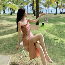 Outleys Acetic Satin Dress Superior Sexy Line Dress Outside Summer Wear Fork Long Dress Outside