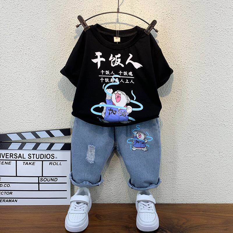 Korea ins boy summer dress suit foreign palate 2022 models 3 summer handsome cartoon summer clothes children short sleeves
