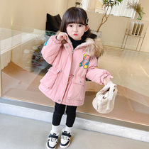 South Korean girl sent to overcome autumn and winter 2021 baby plus suede thickened cotton clothes girl real hair collar cotton clothes baby winter clothing
